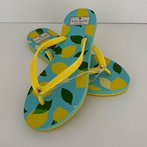 Kate Spade Lemon Print Flip Flops - Yellow and Blue